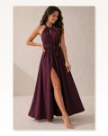 Kadın Omuzlardan Açık Boyun Arkasından Bağcıklı Yırtmaç Detaylı Uzun Janjan Krep Elbise Marketplace