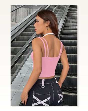 Kadın Zarif Dokunuş Pembe Beyaz Çift Çapraz Askılı Crop Top Bluz
