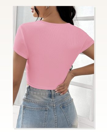Kadın Zarif Dokunuş Pembe Yarım Kol Düz Yaka Crop Top Bluz