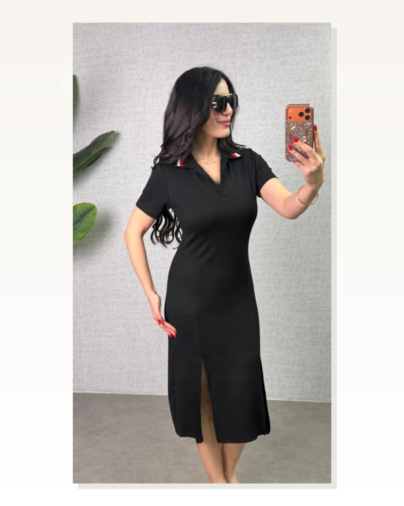 Kadın Polo Yaka çift Yırtmaç Detay Modal Kumaş Midi Boy Elbise Marketplace blank