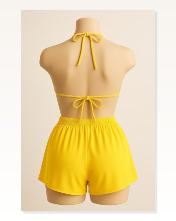 Kadın Sarı Şortlu Belden ve Boyundan Bağlamalı Bikini Takımı