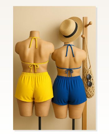 Kadın Sarı ve Mavi Şortlu Belden Boyundan Bağlamalı Bikini Takımı