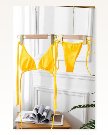 Kadın Kombin Şıklığı Sarı Yandan Bağlamalı Tangalı Üçgen Bikini Mayo I Takım