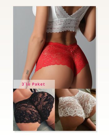 Kadın Siyah Beyaz Kırmızı 3’Lü Paket Dantel Tanga Şort Külot