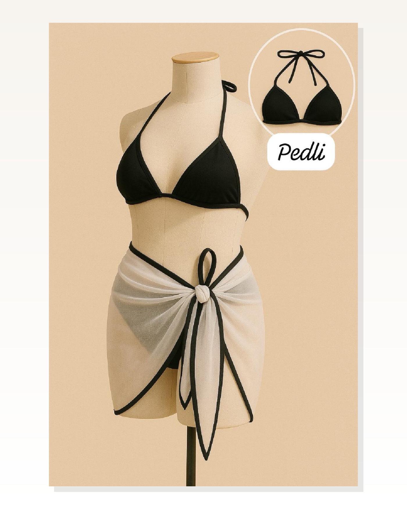 Kadın Kombin Şıklığı Siyah Beyaz Pareolu Yandan ve Boyundan Bağlamalı 3'lü Bikini ı Takım Marketplace blank