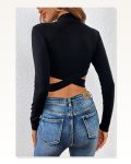 Kadın Zarif Dokunuş Siyah Çapraz Bel Detaylı Dik Yaka Uzun Kol Crop Top Bluz