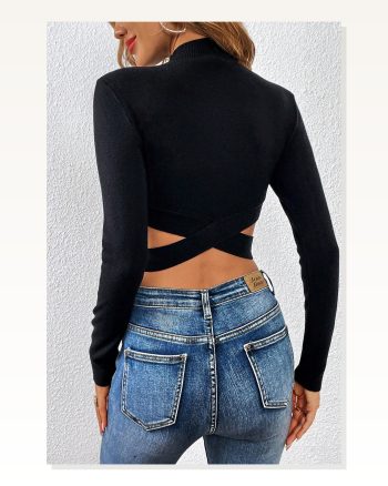 Kadın Zarif Dokunuş Siyah Çapraz Bel Detaylı Dik Yaka Uzun Kol Crop Top Bluz