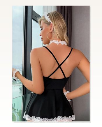 Kadın Modern Stil Siyah Dantel ve Tül Detaylı Tokalı Tanga Külotlu Hizmetçi Kostümü