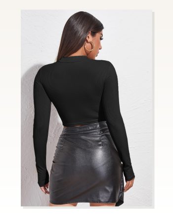 Kadın Zarif Dokunuş Siyah Göğüs Dekolteli Uzun Kollu Cut Out Crop Top Bluz