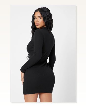 Kadın Fit Duruş Siyah Kaşkorse Balıkçı Yaka Uzun Kollu Bodycon Mini Elbise