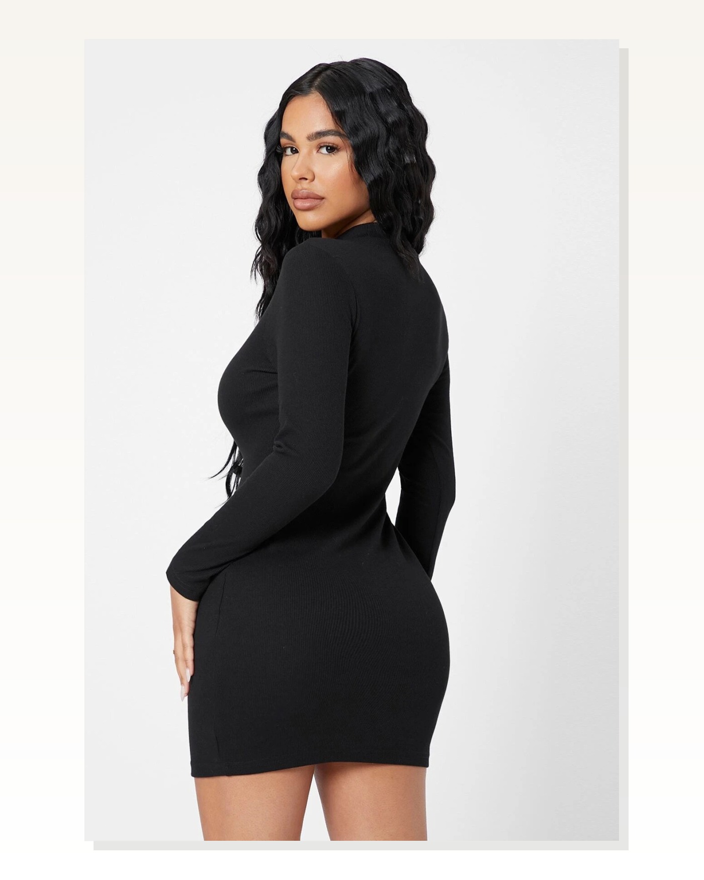 Kadın Fit Duruş Siyah Kaşkorse Balıkçı Yaka Uzun Kollu Bodycon Mini Elbise Marketplace blank