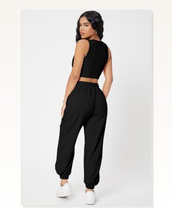 Kadın Siyah Kaşkorse Cepli Jogger Eşofman Altı ve Crop Top Bluz