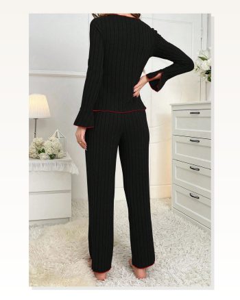 Kadın Kombin Şıklığı Siyah Kırmızı Biyeli ve Fiyonklu Uzun Kollu Mevsimlik Pijama Takımı