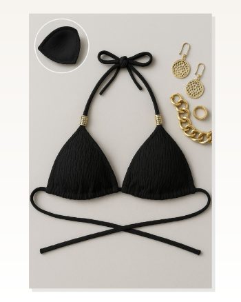 Kadın Modern Stil Siyah Pedli Üçgen Bikini Üstü Halter Bağlamalı Aksesuarlı