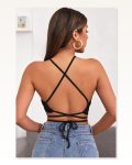 Kadın Zarif Dokunuş Siyah Sırtı Açık Boyundan Çapraz Bağlamalı Crop Top Bluz