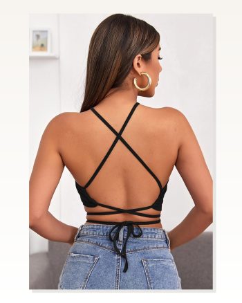 Kadın Zarif Dokunuş Siyah Sırtı Açık Boyundan Çapraz Bağlamalı Crop Top Bluz