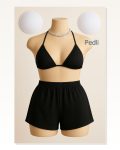 Kadın Kombin Şıklığı Siyah Şortlu Belden ve Boyundan Bağlamalı Bikini I Takım