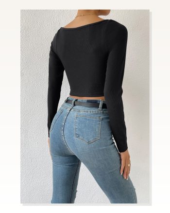 Kadın Zarif Dokunuş Siyah Uzun Kol Göğüs Dekolteli Şık Crop Top Bluz