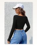 Kadın Zarif Dokunuş Siyah Uzun Kollu Agraflı Göğüs ve Göbek Dekolteli Crop Top Bluz