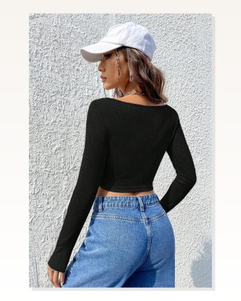 Kadın Zarif Dokunuş Siyah Uzun Kollu Agraflı Göğüs ve Göbek Dekolteli Crop Top Bluz