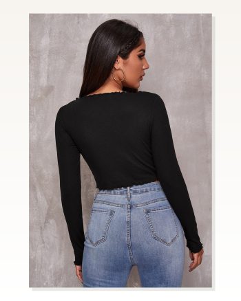 Kadın Zarif Dokunuş Siyah Uzun Kollu Büzdürme Bağcık Detaylı Crop Top Bluz