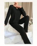 Kadın Siyah Uzun Kollu Fiyonklu Yuvarlak Yaka Mevsimlik Pijama Takımı Marketplace