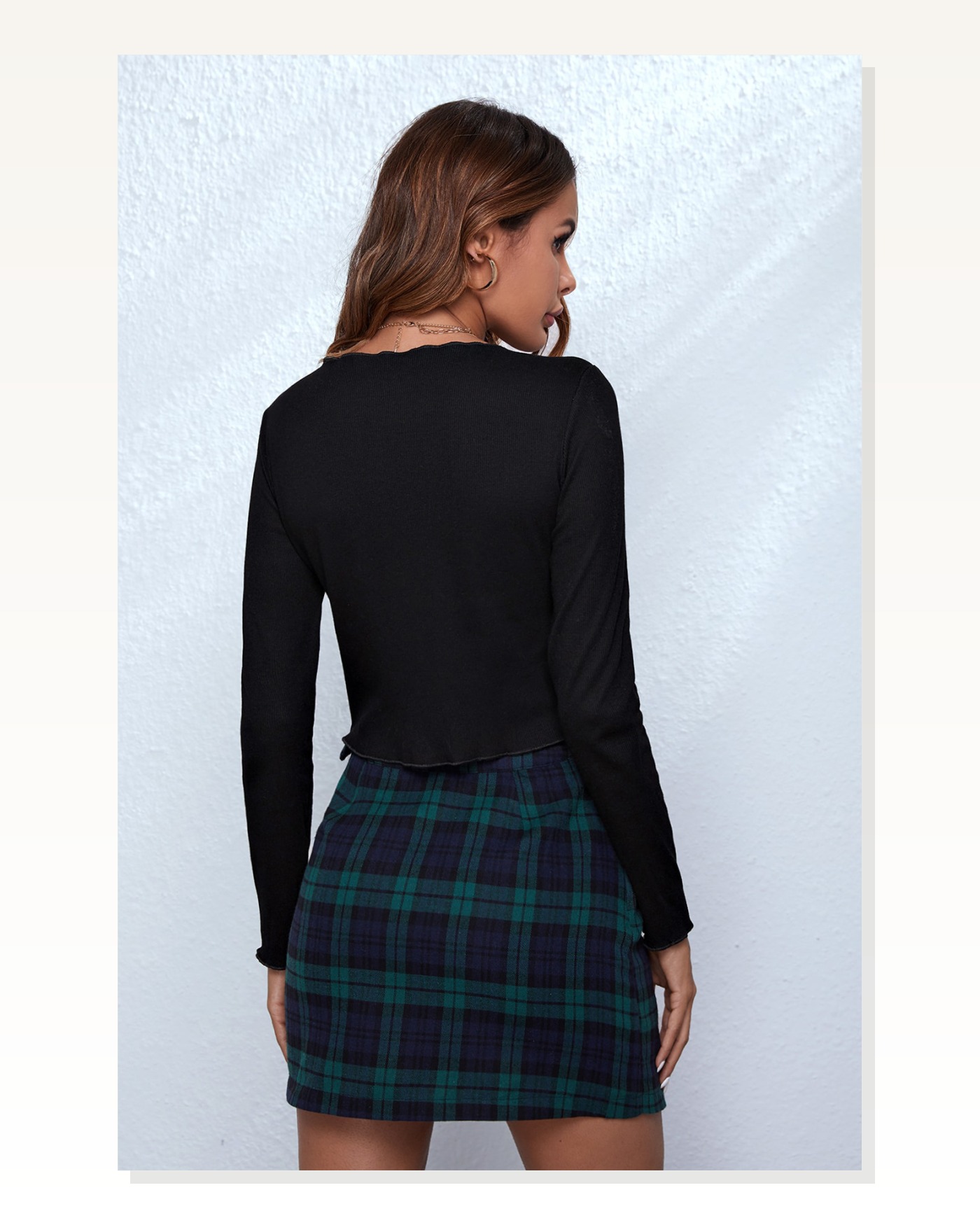 Kadın Zarif Dokunuş Siyah Uzun Kollu Önden Bağlama Detaylı Crop Top Bluz Marketplace blank