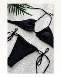 Kadın Kombin Şıklığı Siyah Yandan Bağlamalı Tangalı Üçgen Bikini Mayo I Takım