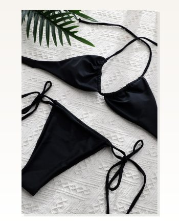 Kadın Kombin Şıklığı Siyah Yandan Bağlamalı Tangalı Üçgen Bikini Mayo I Takım