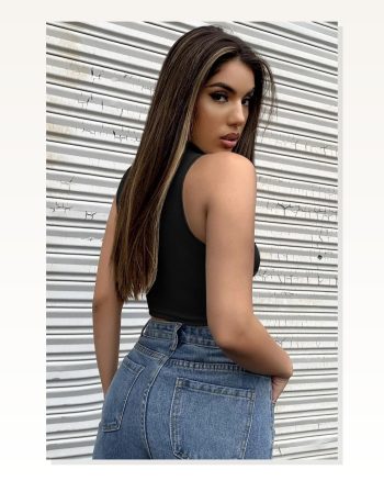 Kadın Zarif Dokunuş Siyah Yarım Fermuarlı Sıfır Kol Crop Top Bluz