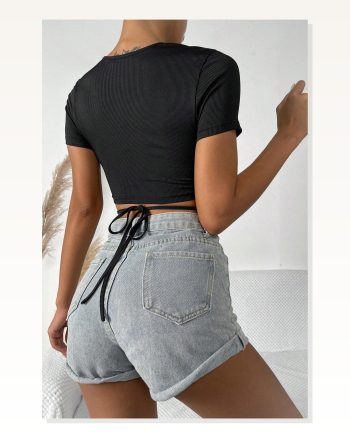 Kadın Zarif Dokunuş Siyah Yarım Kol Çapraz Bağlamalı Crop Top Bluz