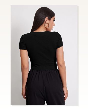 Kadın Zarif Dokunuş Siyah Yuvarlak Yaka Yarım Kol Crop Top Bluz