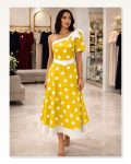 Kadın Tek Omuzdan Açık Diğer Omuzda Kurdela Detaylı Kemerli Puantiyeli Dokuma Midi Elbise