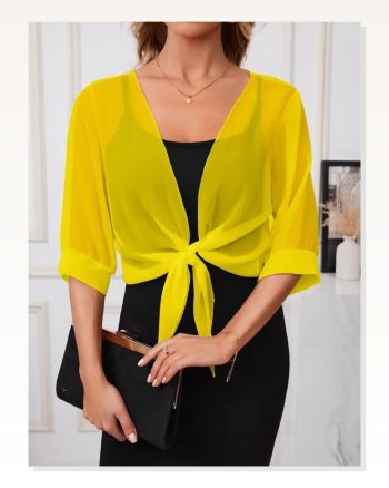 Kadın Truvakar Kollu Önden Bağlamalı Kısa Şifon Bolero Ceket