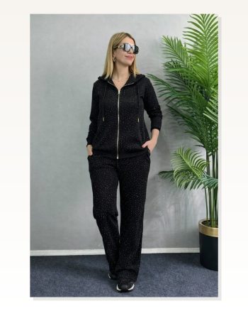 Kadın Uzun Kollu Kapşonlu Fermuarlı Taşlı Önü Viskon Iki Iplik Bluz ve Eşofman Altı Ikili Takım