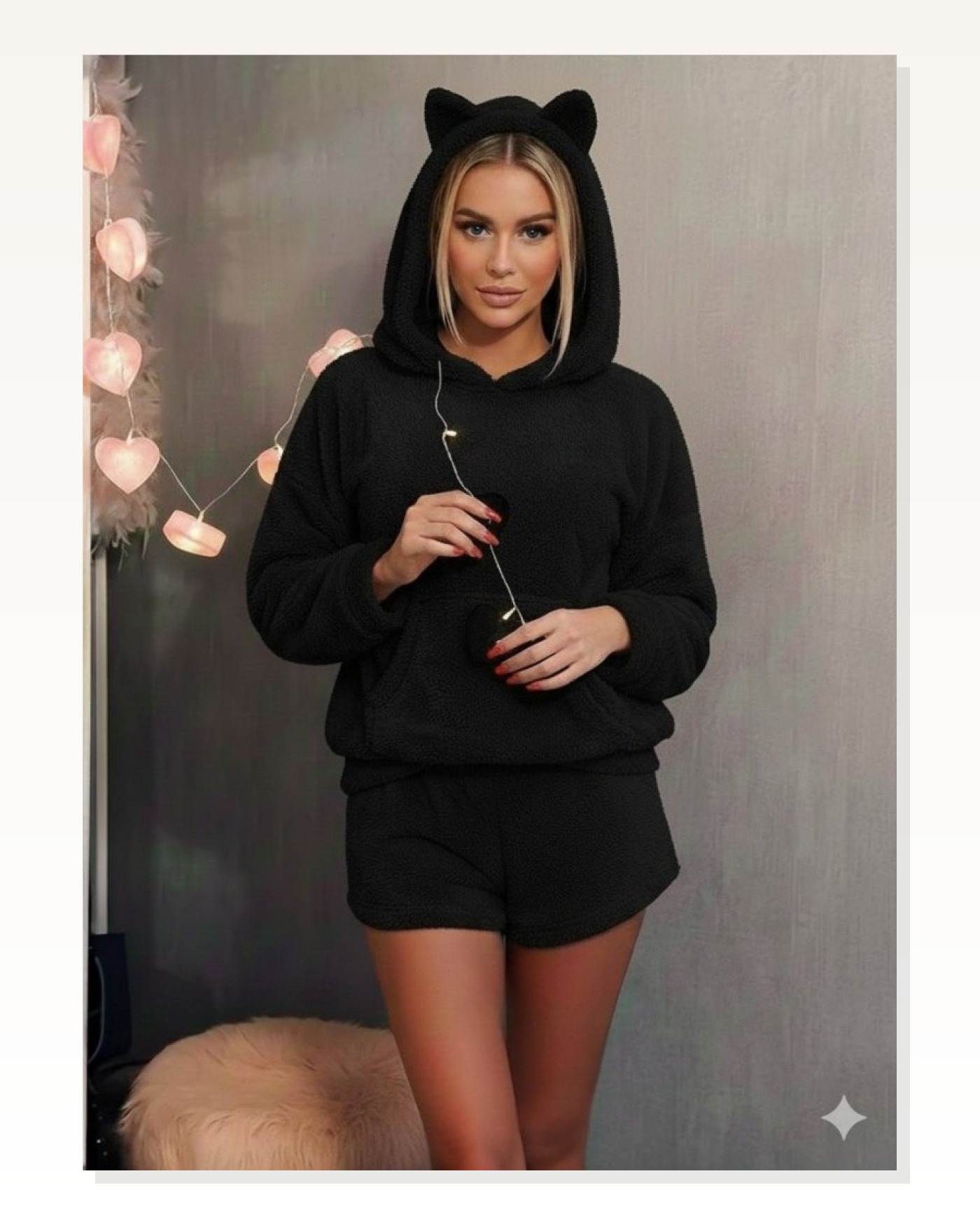 Kadın Uzun Kollu Kapşonlu Peluş Bluz Ve Kısa Short Ikili Takım Marketplace blank