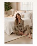 Desenli Kadın Kombin Şıklığı Uzun Kollu Leopar Fiyonklu Ev Giyim Pijama Takımı Marketplace