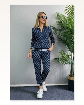 Kadın Uzun Kollu Önden Fermuarlı Desenli Iki Iplik Bluz ve Pantolon Ikili Takım