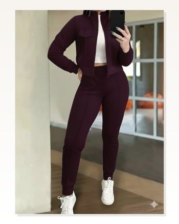 Kadın Uzun Kollu Önden Fermuarlı Kısa Modal Mor Ceket ve Pantolon Ikili Takım