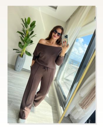 Kadın Uzun Kollu Tek Omuzdan Açık Modal Bluz ve Pantolon Ikili Takım