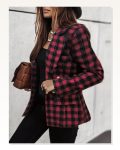 Kadın Uzun Kollu Yakalı Kare Desenli Ekoseli Düğmeli Ceket