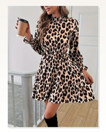 Kadın Uzun Kollu Yarı Balıkçı Yaka Leopar Desenli Modal Mini Elbise