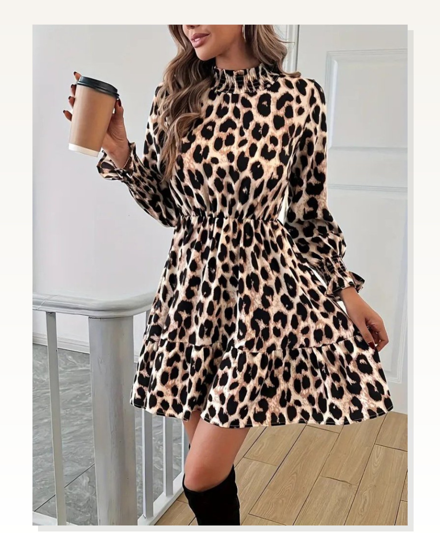 Kadın Uzun Kollu Yarı Balıkçı Yaka Leopar Desenli Modal Mini Elbise Marketplace blank