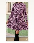 Kadın Uzun Kollu Yarı Balıkçı Yaka Leopar Desenli Modal Mini Elbise