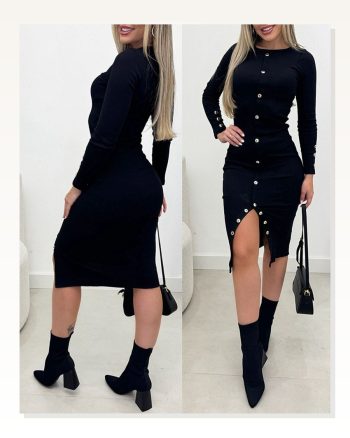 Kadın Uzun Kollu Yırtmaçlı Düğme Detaylı Midi Kaşkorse Elbise