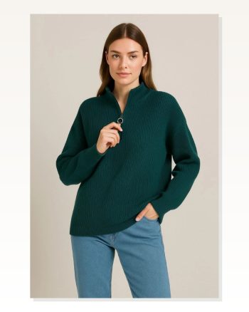 Kadın Yarım Fermuarlı Triko Kazak Selanik Örgü, Dik Yaka, Pamuklu Dokuma, Oversize Uzun Kollu Kışlık Model