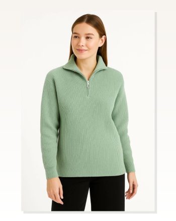 Kadın Yarım Fermuarlı Triko Kazak Selanik Örgü, Dik Yaka, Pamuklu Dokuma, Oversize Uzun Kollu Kışlık Model