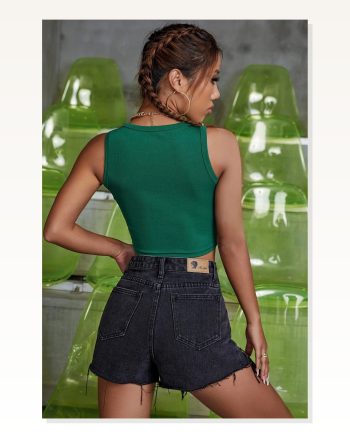 Kadın Zarif Dokunuş Yeşil Kare Yaka Crop Top Bluz