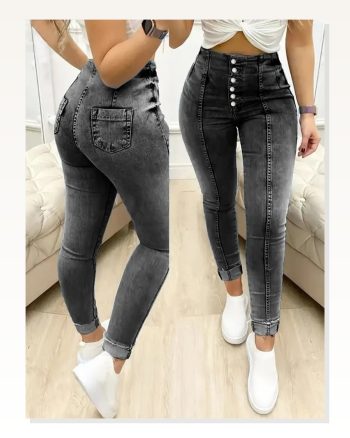 Kadın Yüksek Bel Önden Düğmeli Jean Pantolon