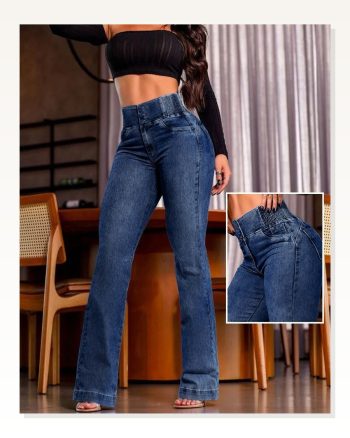 Kadın Yüksek Bel Yanları Lastik Önü Düğmeli Kot Pantolon